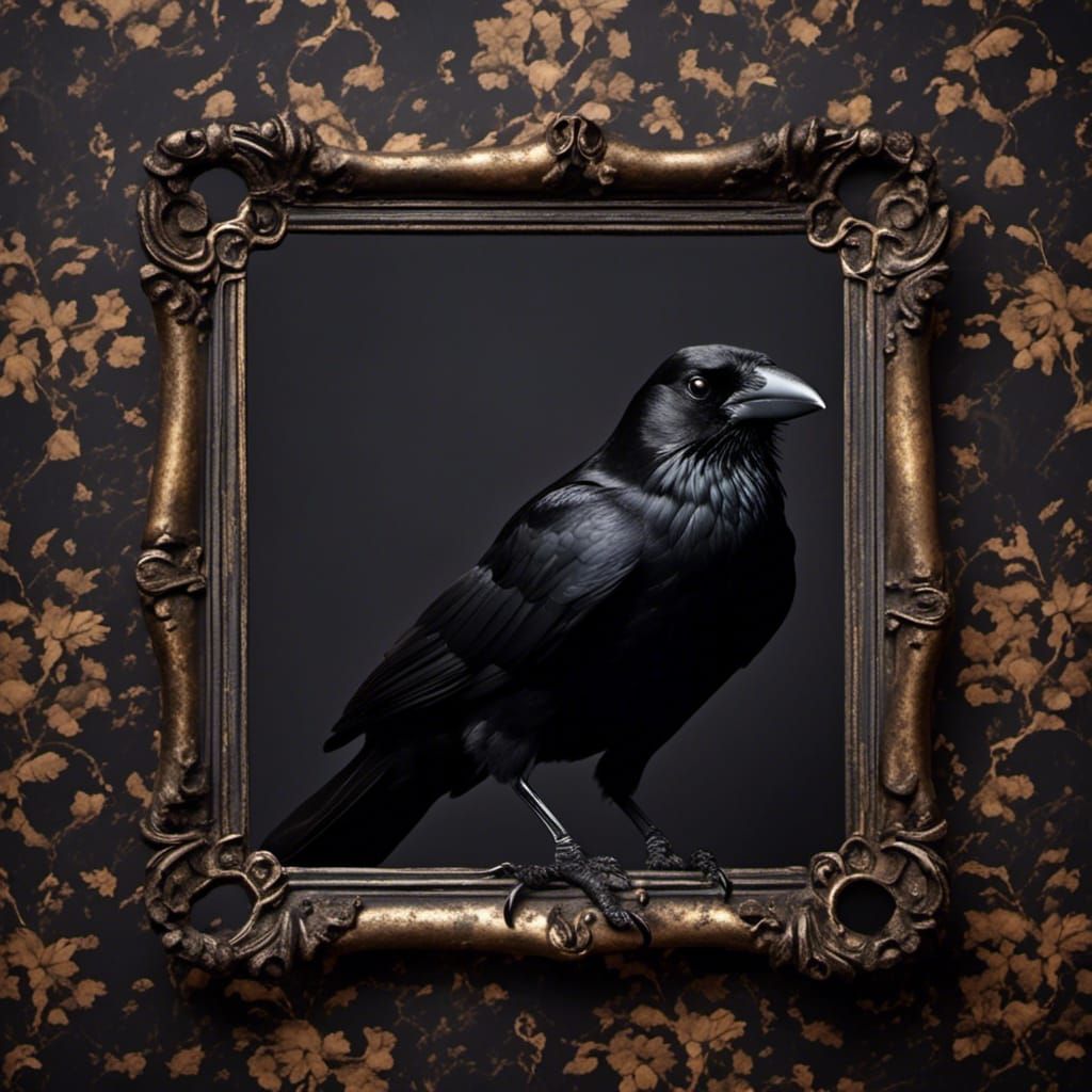 Crow Posing with Picture Frame on Dark Wallpaper