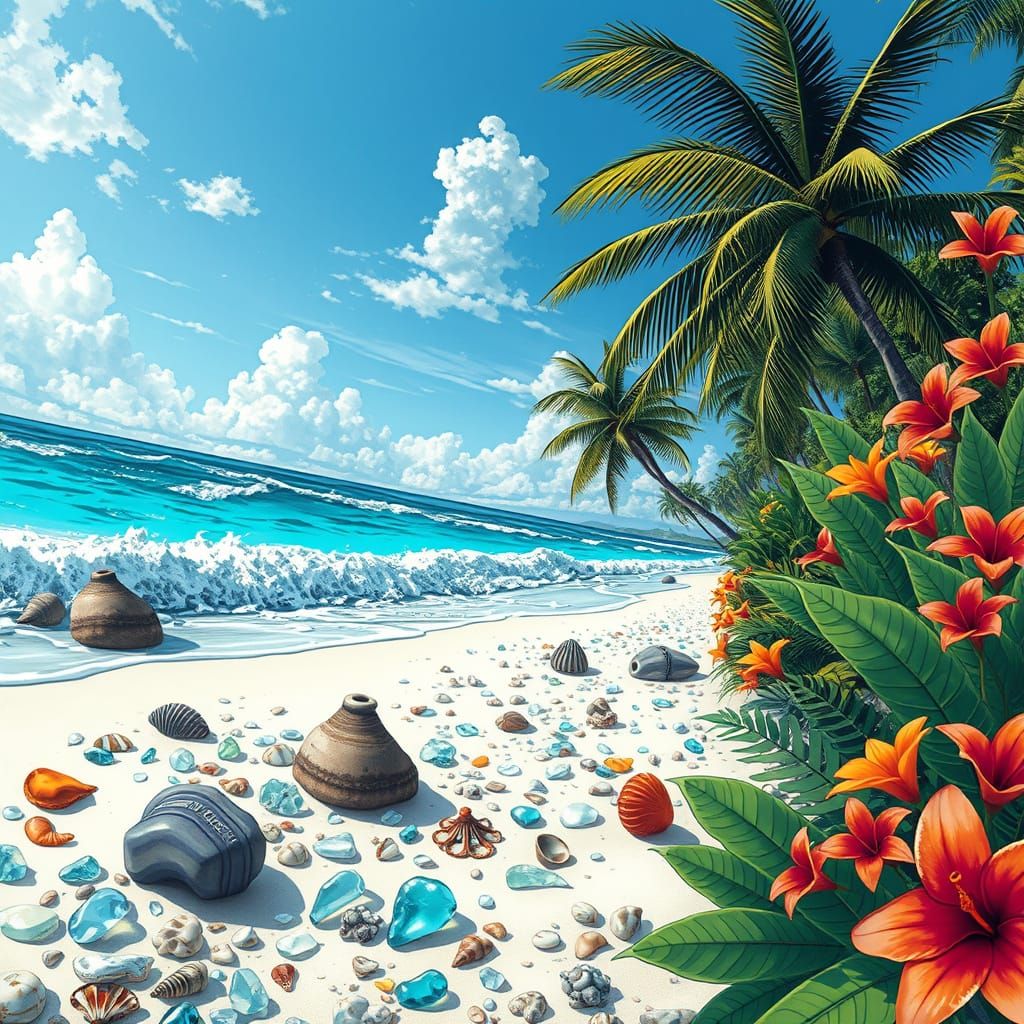 Vibrant Tropical Beach Scene in Comic Book Style