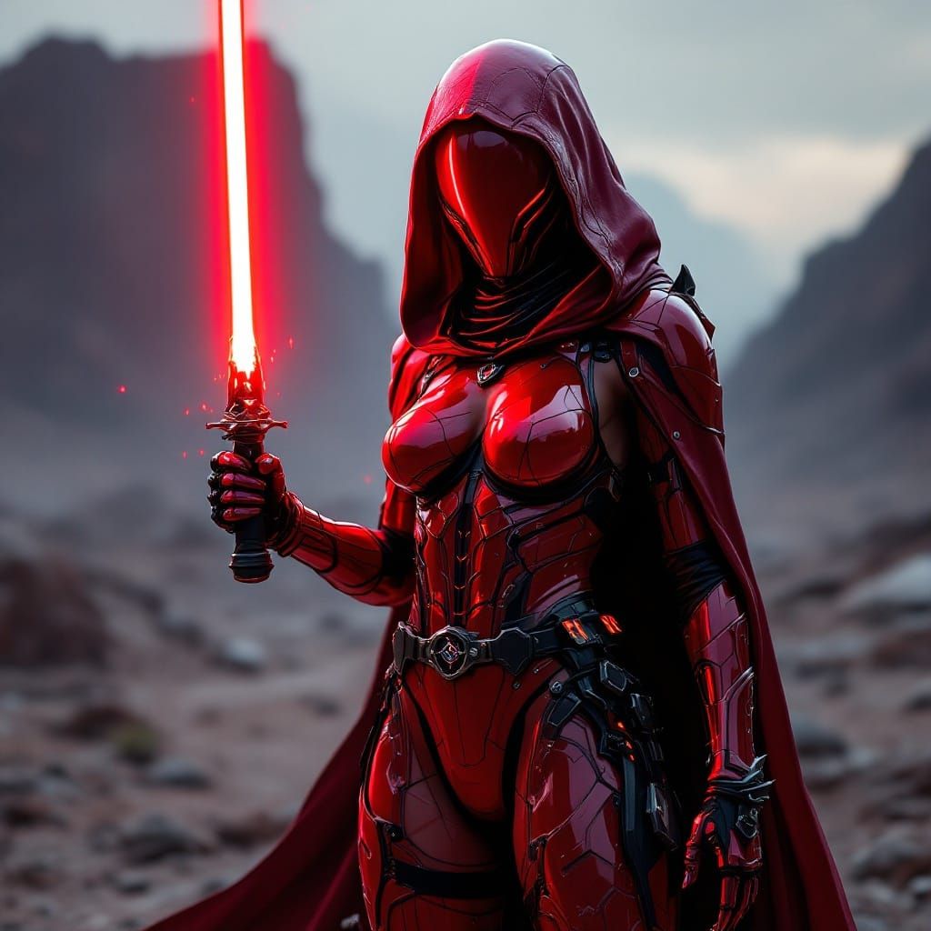 Cyberpunk Warrior, Futuristic Fantasy, in Red Metallic Armor