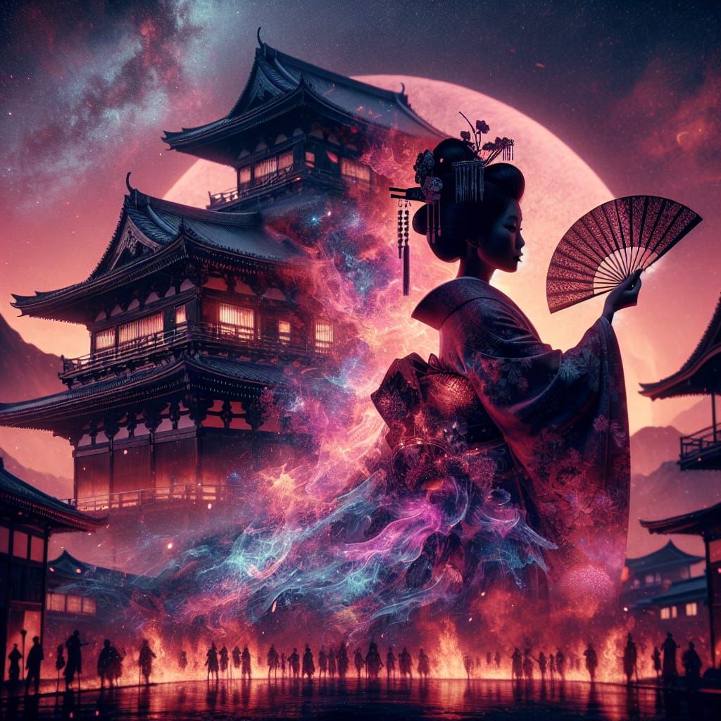 Edo Woman Silhouette Amidst Fiery Cosmic Landscape