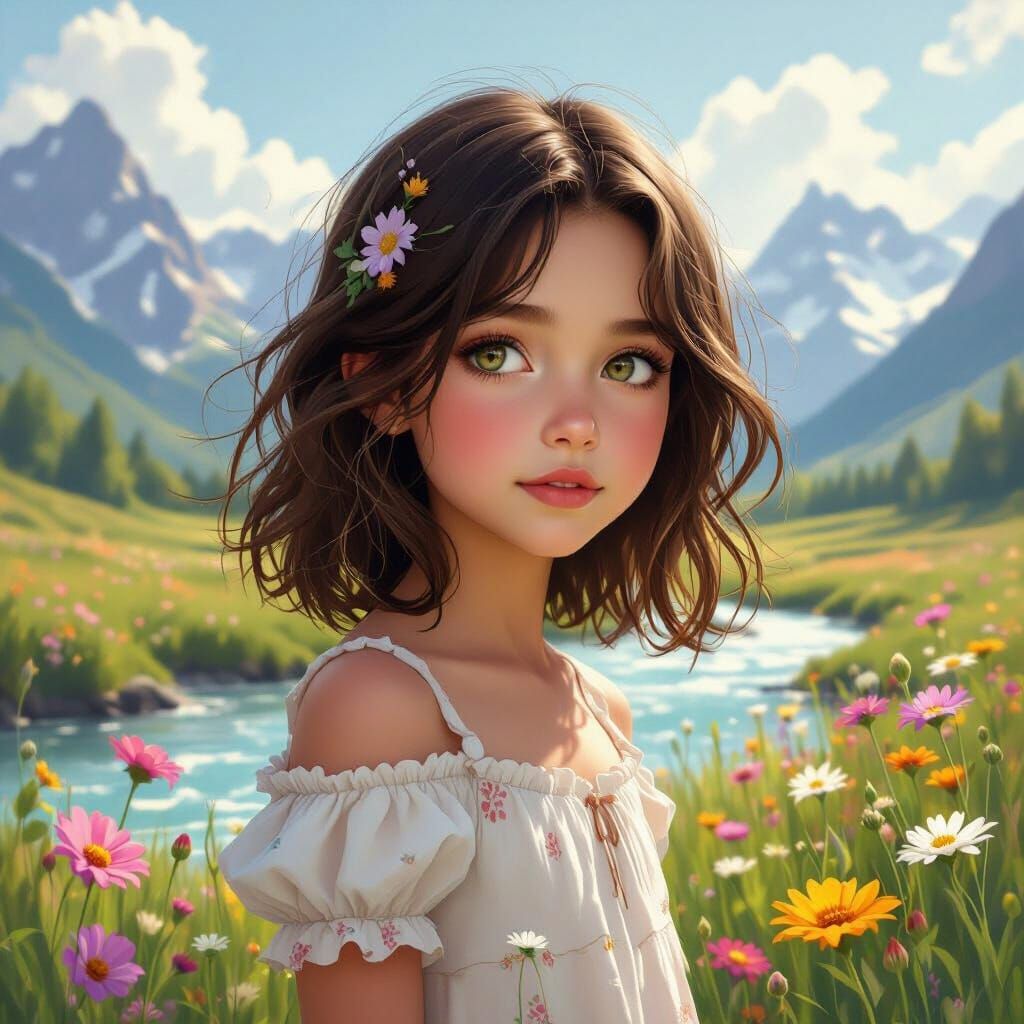 Whimsical Girl in Mountain Meadow Digital Painting