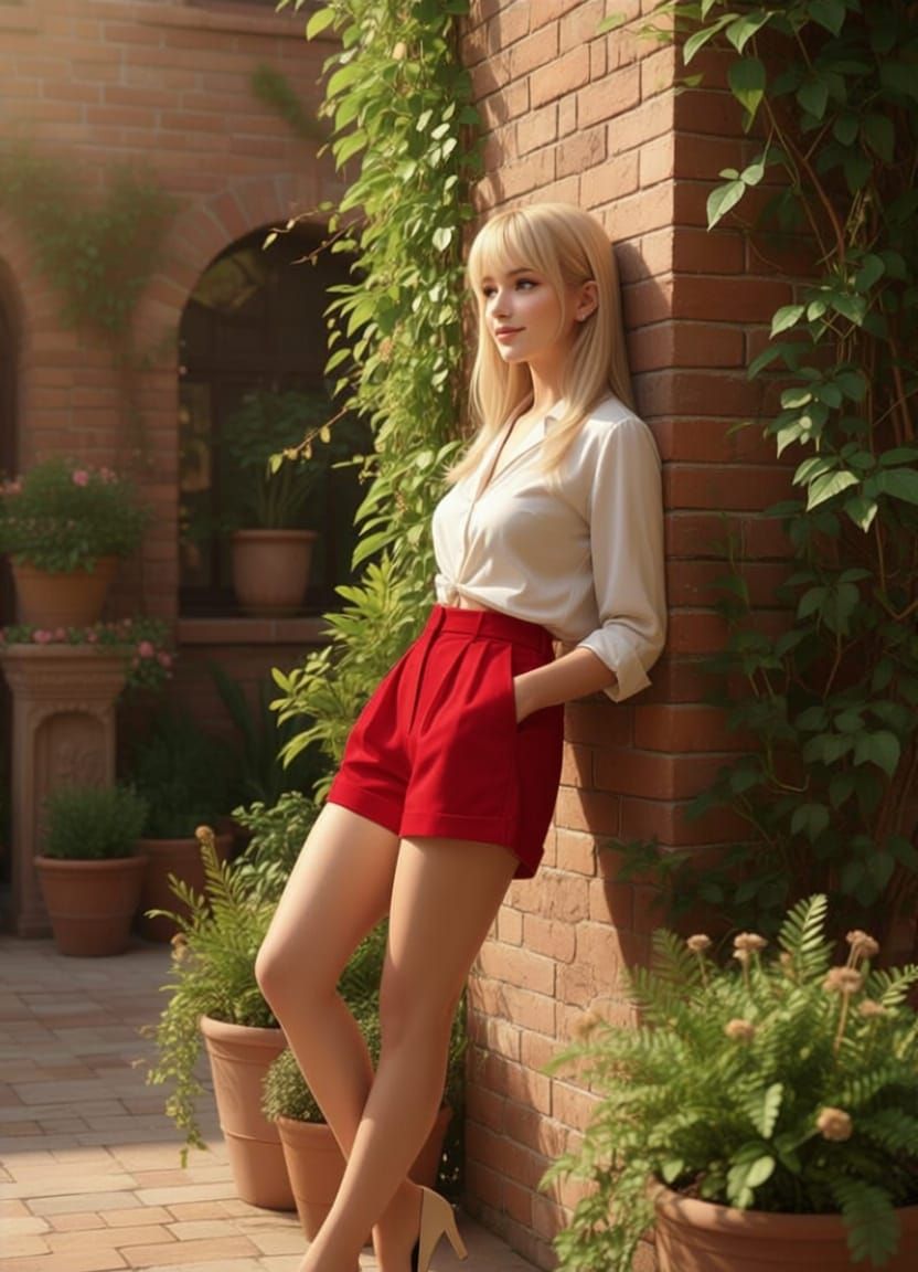 Photorealistic Woman in Sunlit Courtyard with Potted Plants