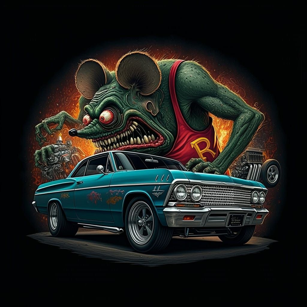 Low-Rider Chevrolet in a Hot-Rod Hellscape with Rat Fink