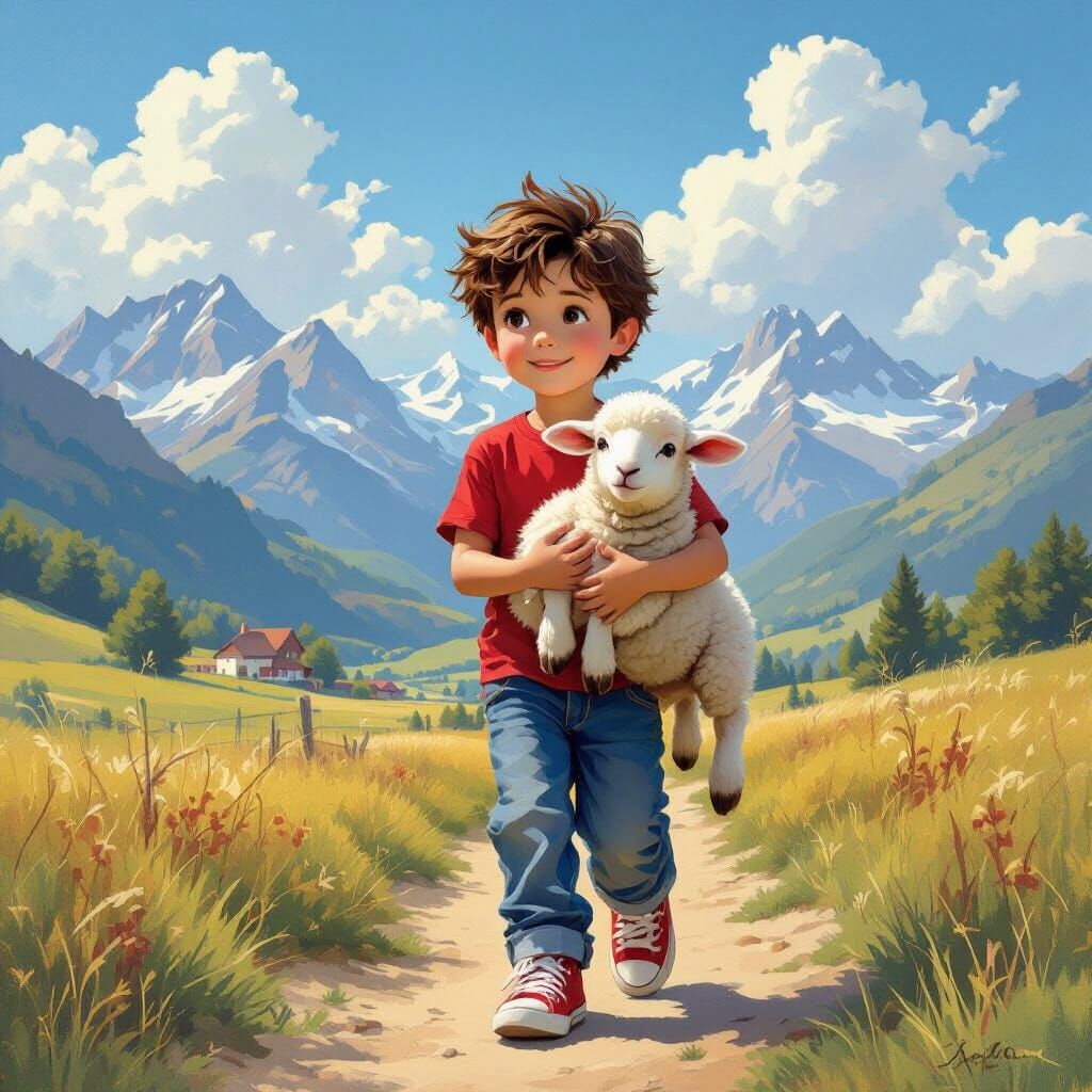 Boy with Lamb in a Whimsical Landscape Painting