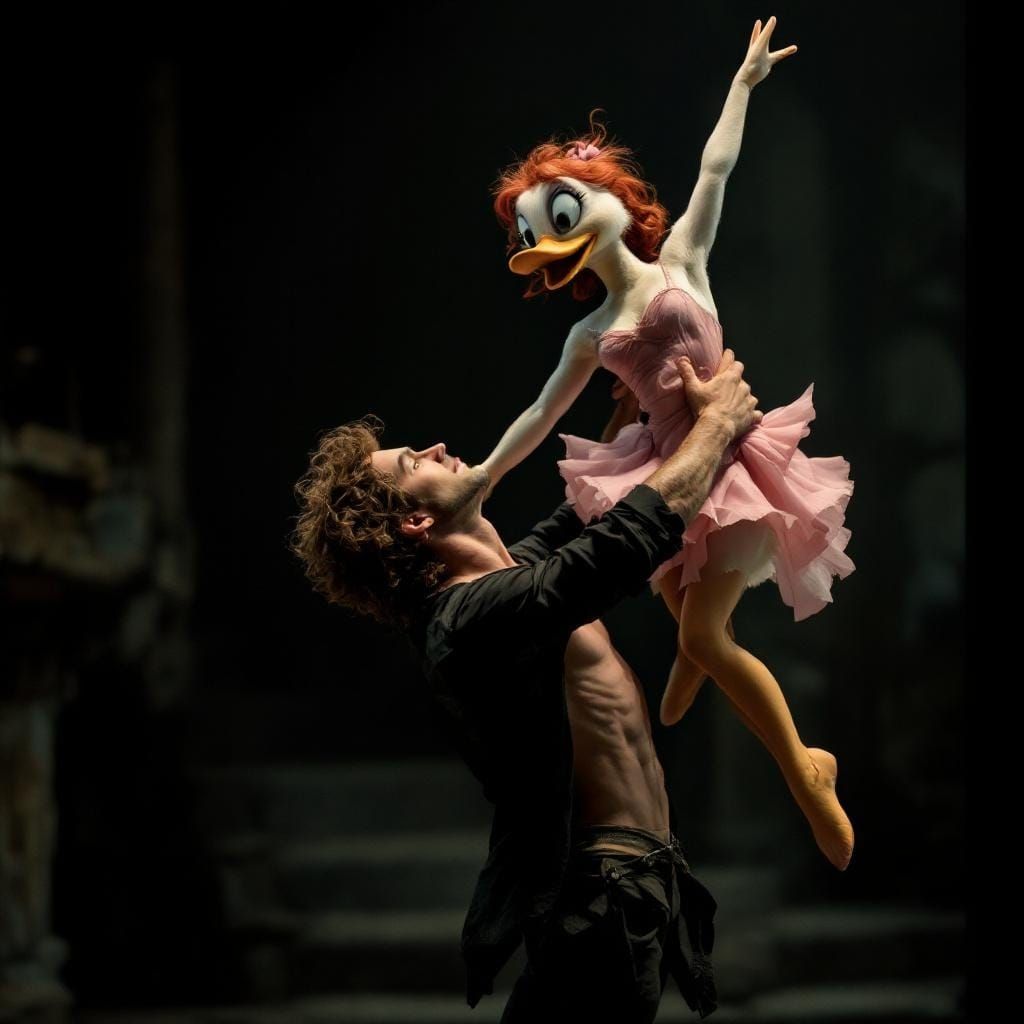 Anthropomorphic Duck Dance Duo on Stage