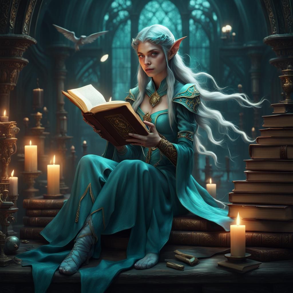 Teal Elf Girl with Magic Book: Fantasy Art
