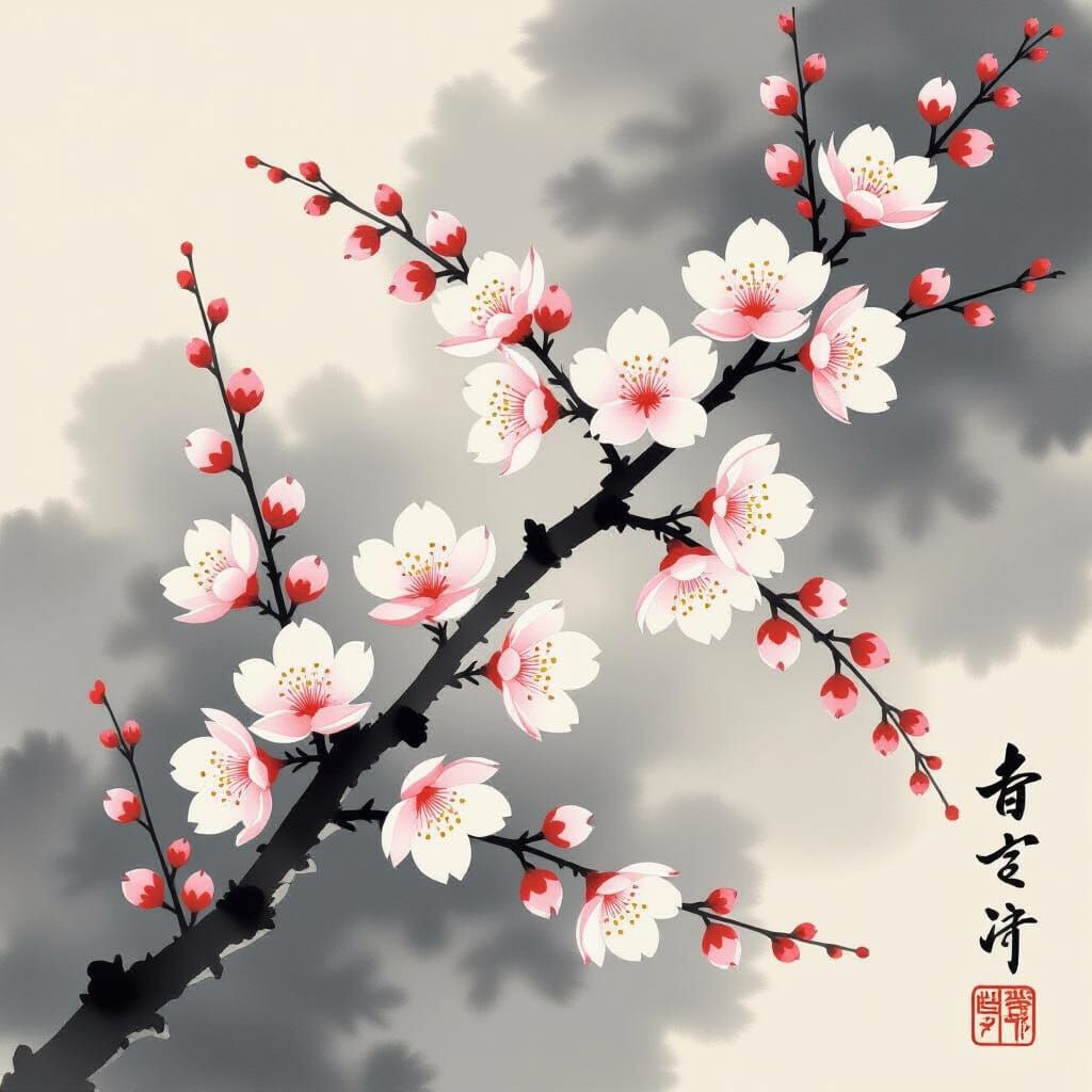 Sakura Blossoms Painting in Japanese Minimalist Style