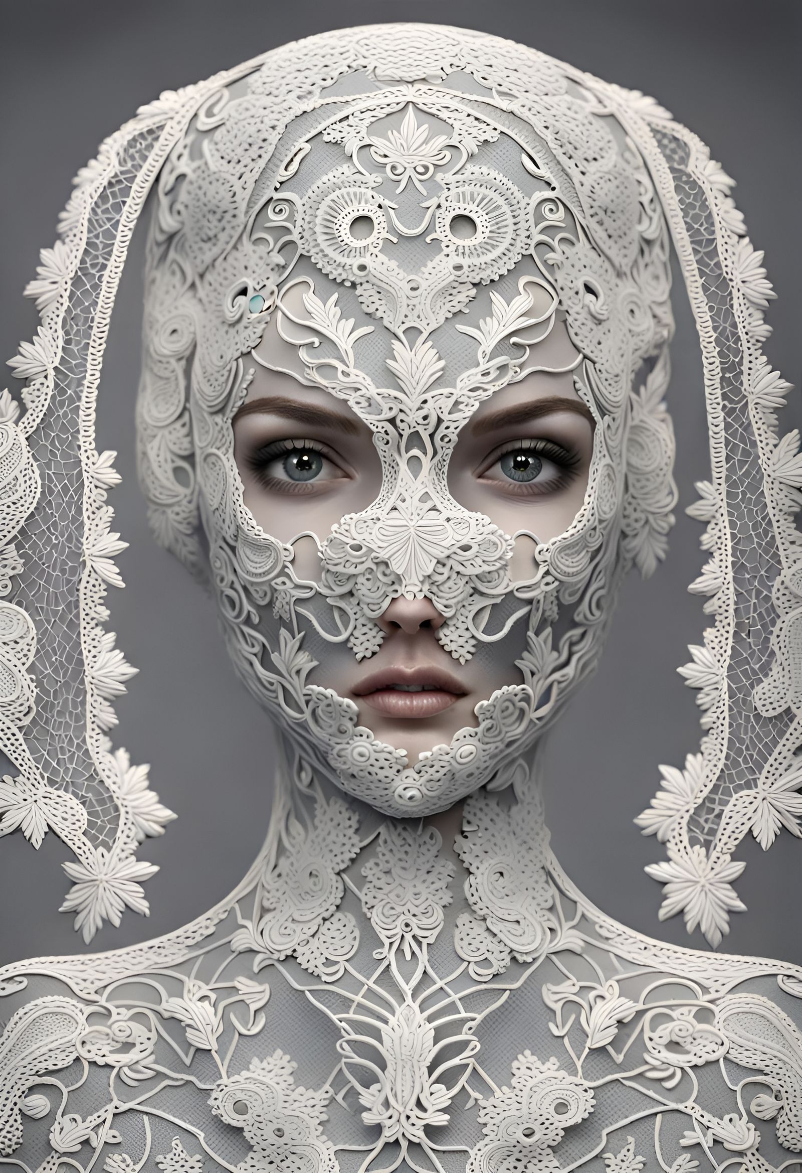 Lace Humanoid Portrait in Snowy Landscape