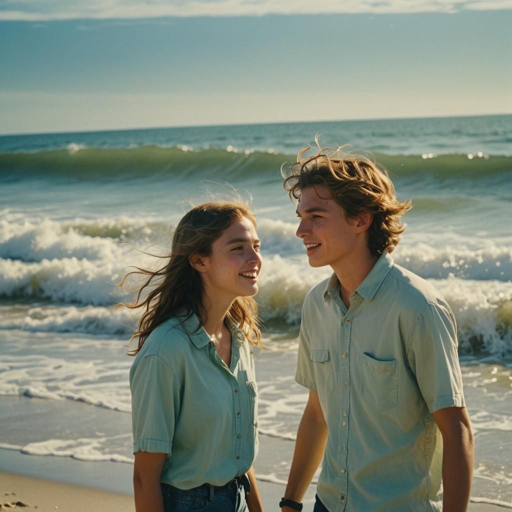 Young Couple Conversing on Beach in Cinematic Style