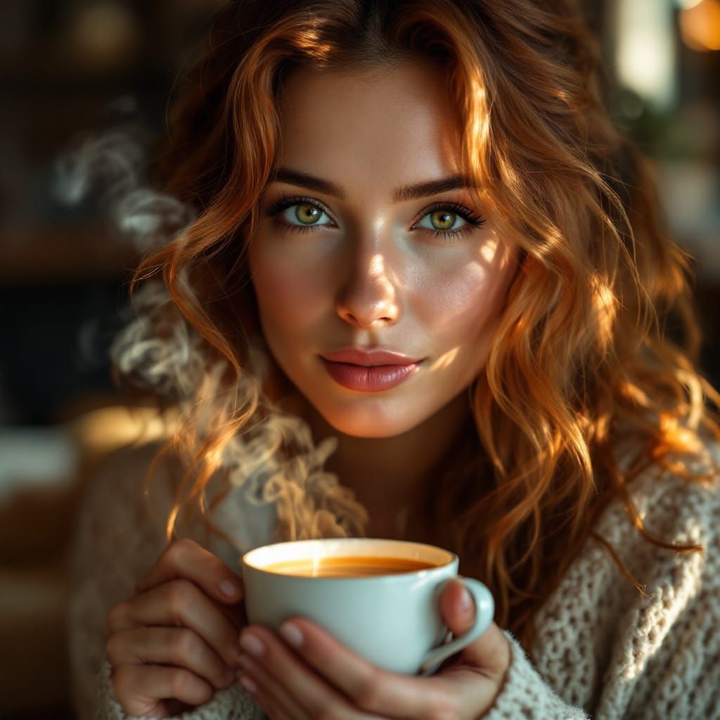 Serene Woman in Tea Time, in a Cyberpunk Art Aesthetic