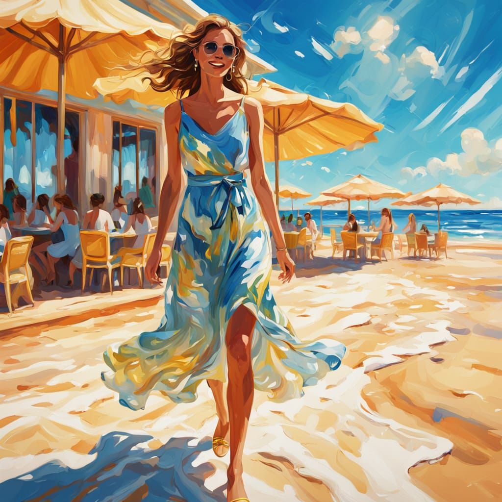 Woman at Beach Club in Oil Painting Style