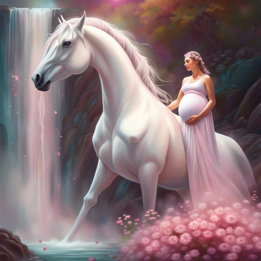 Pregnant Woman with Unicorn in Hyperrealistic Splash Art