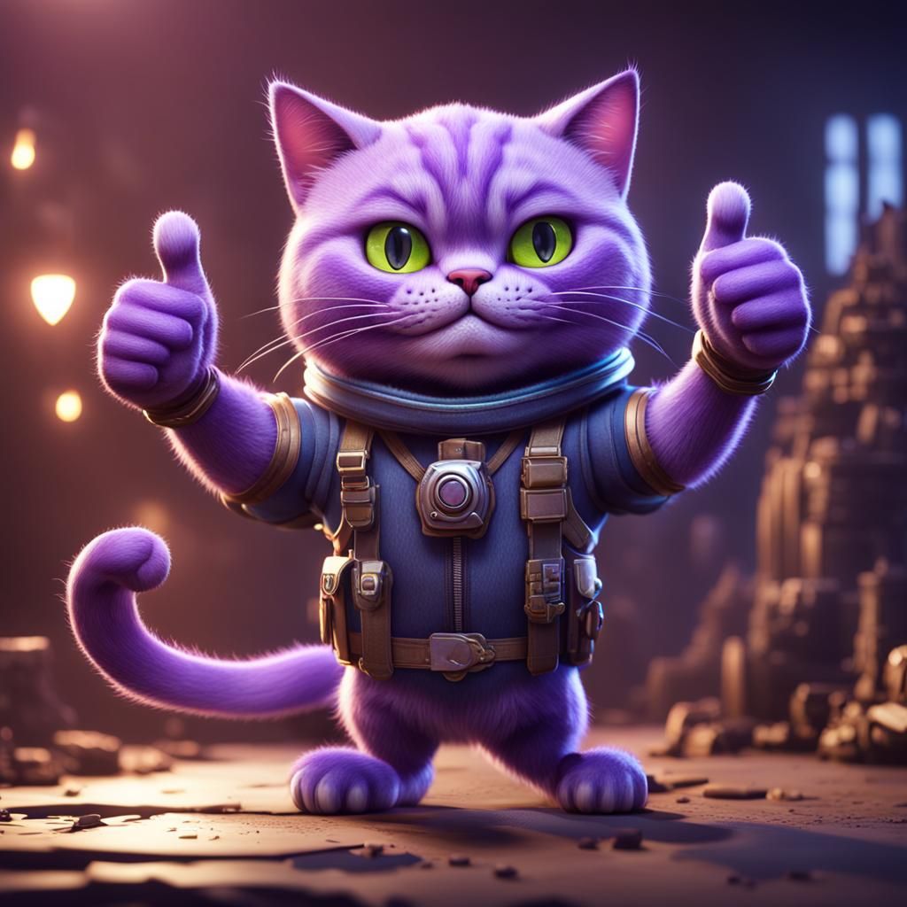 Purple Cat Giving Thumbs Up in 3D
