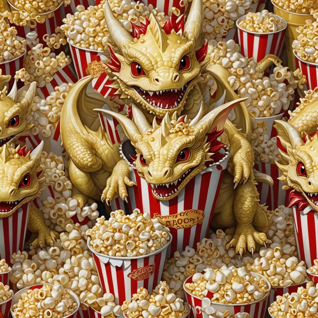 Baby Dragons Overflowing from a Popcorn Bucket