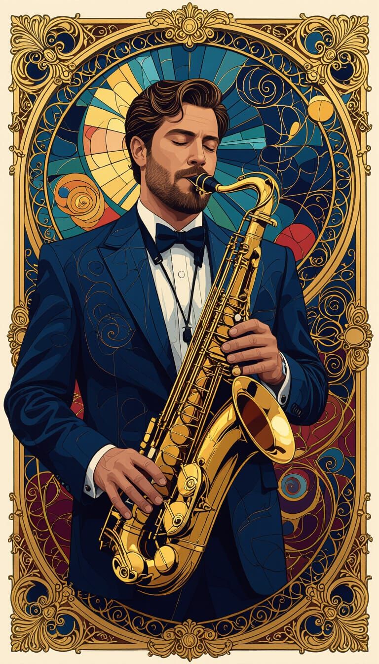 Man gives a Saxophone Solo in a Jazz Club Moebius contrastin...