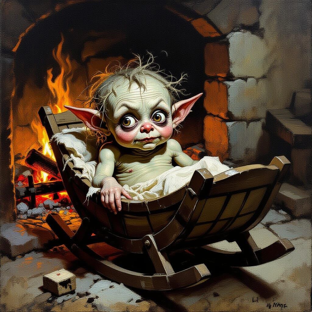 Grotesque Changeling Child in Antique Cradle Oil Painting