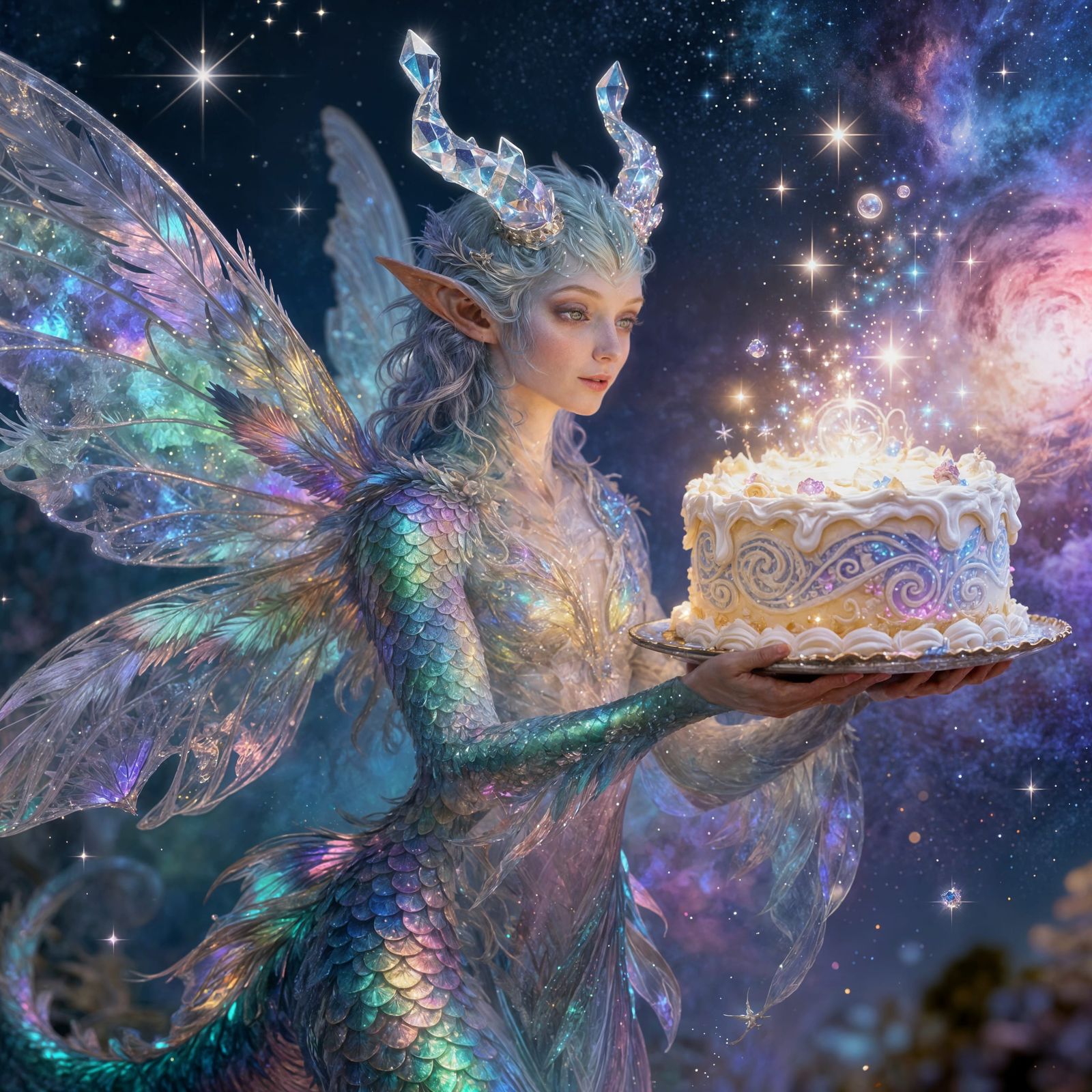 Whimsical Fairy Holding Enchanted Birthday Cake