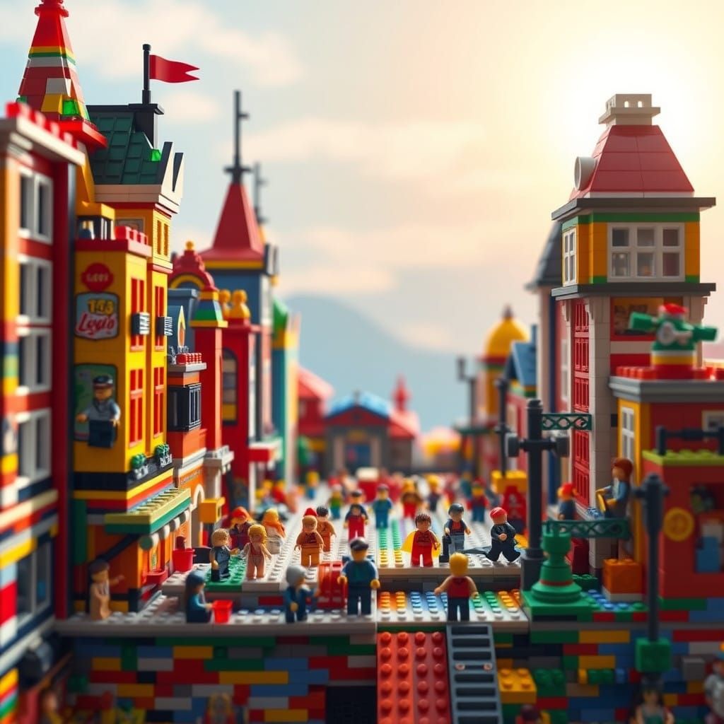 Vibrant Lego Cityscape with Minifigures in a Whimsical, Bloc...