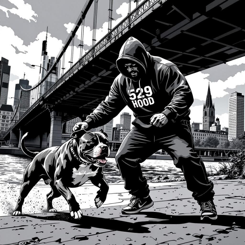 Comic Style Black and White Scene Under Frankfurt Bridge