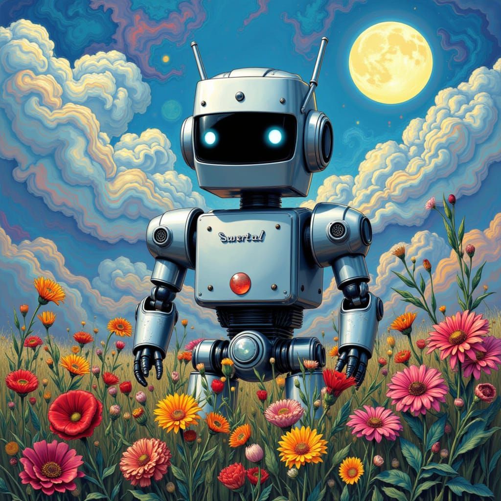Cute Robot in Flower Field Under Moon