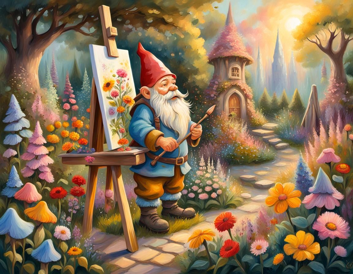 Gnome Painting a Fantasy Garden: Impressionist Art
