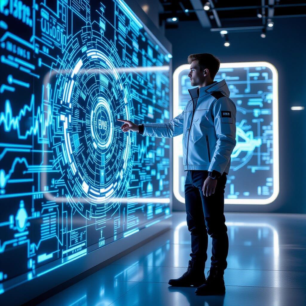 Futuristic Man with Holographic Map in Neon Room