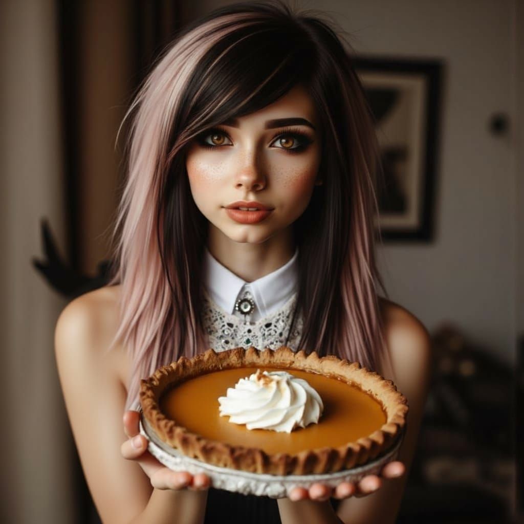Woman Holding Delicious Pumpkin Pie With Cool Whip
