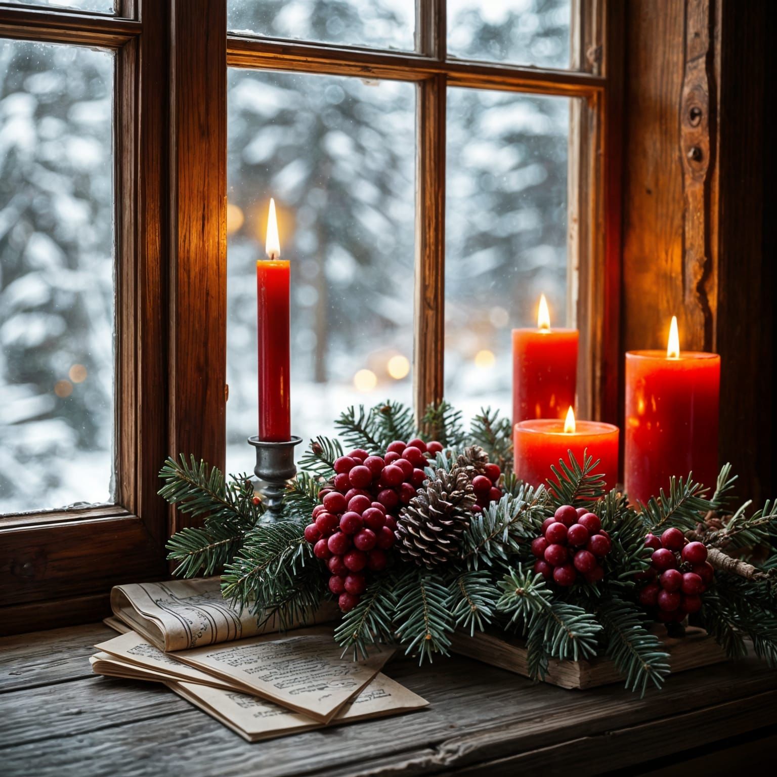 Cozy Christmas Window View with Candles and Snow