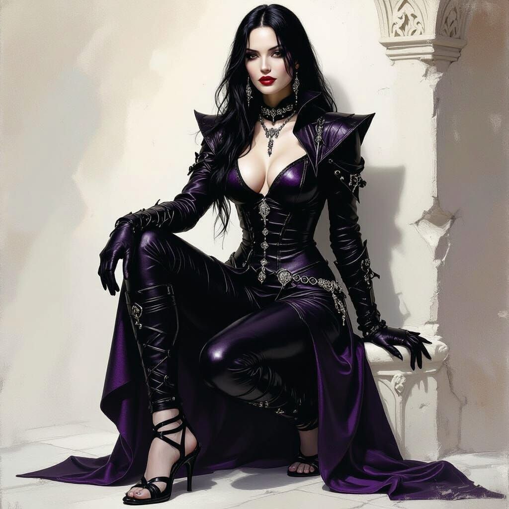 Vampire Countess in Leather Outfit with Dramatic Lighting