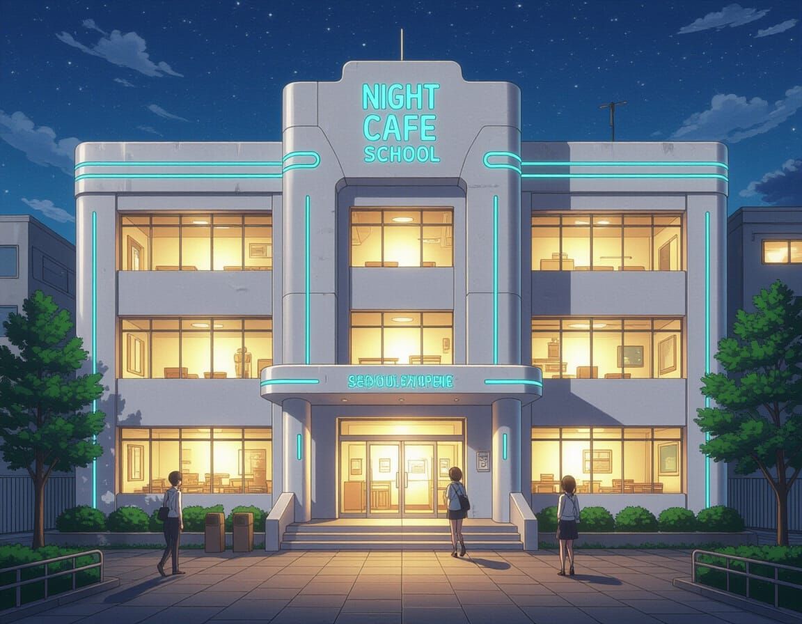 Futuristic Anime School Building with Night Cafe Sign