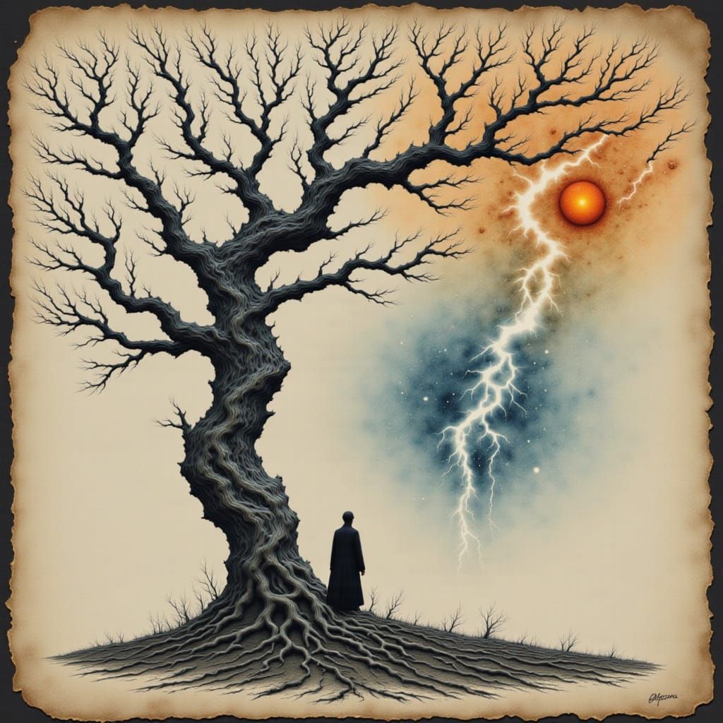 Haunted Watercolor Tree in a Starry Void