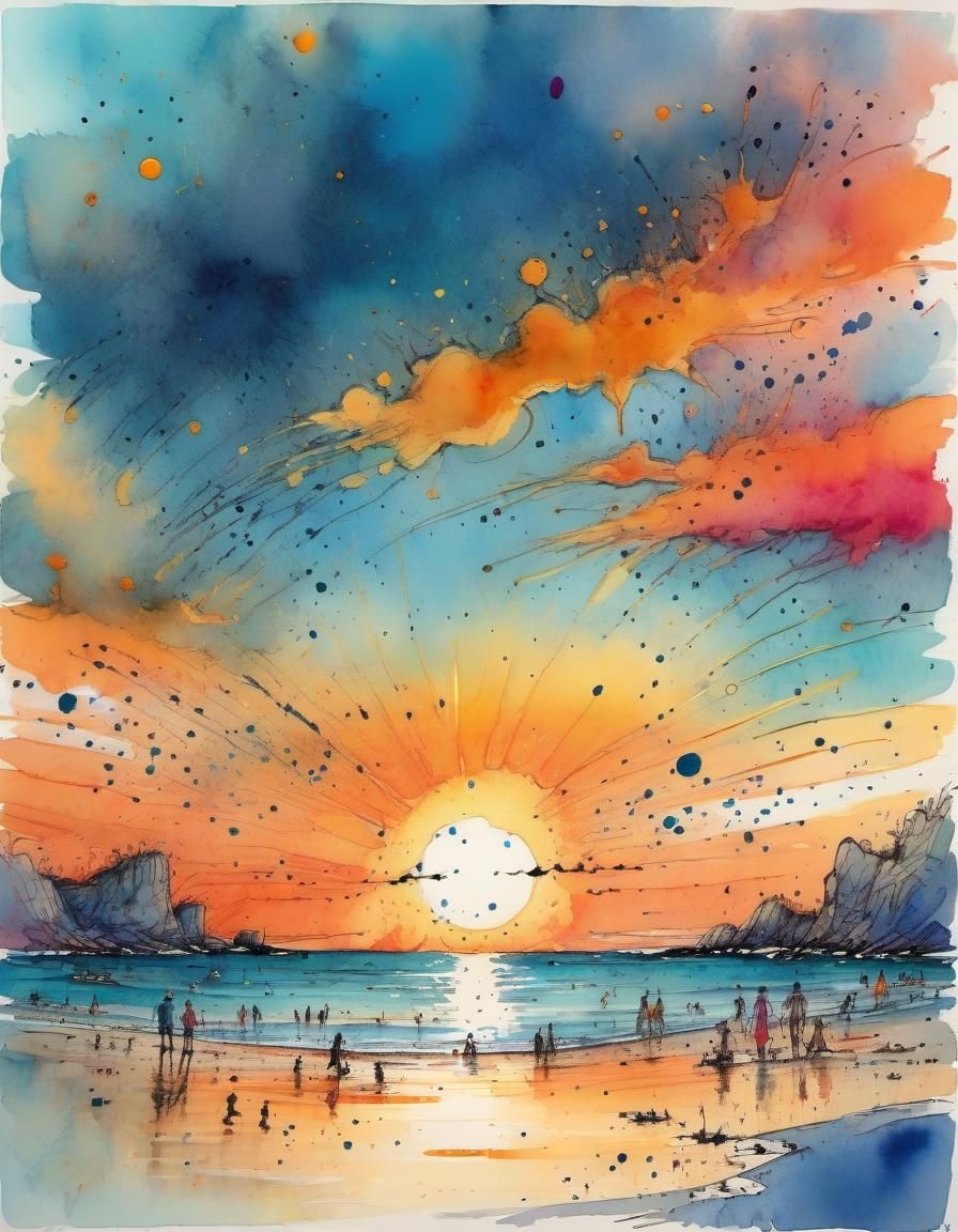 Beach Sunset in Watercolour Storybook Style