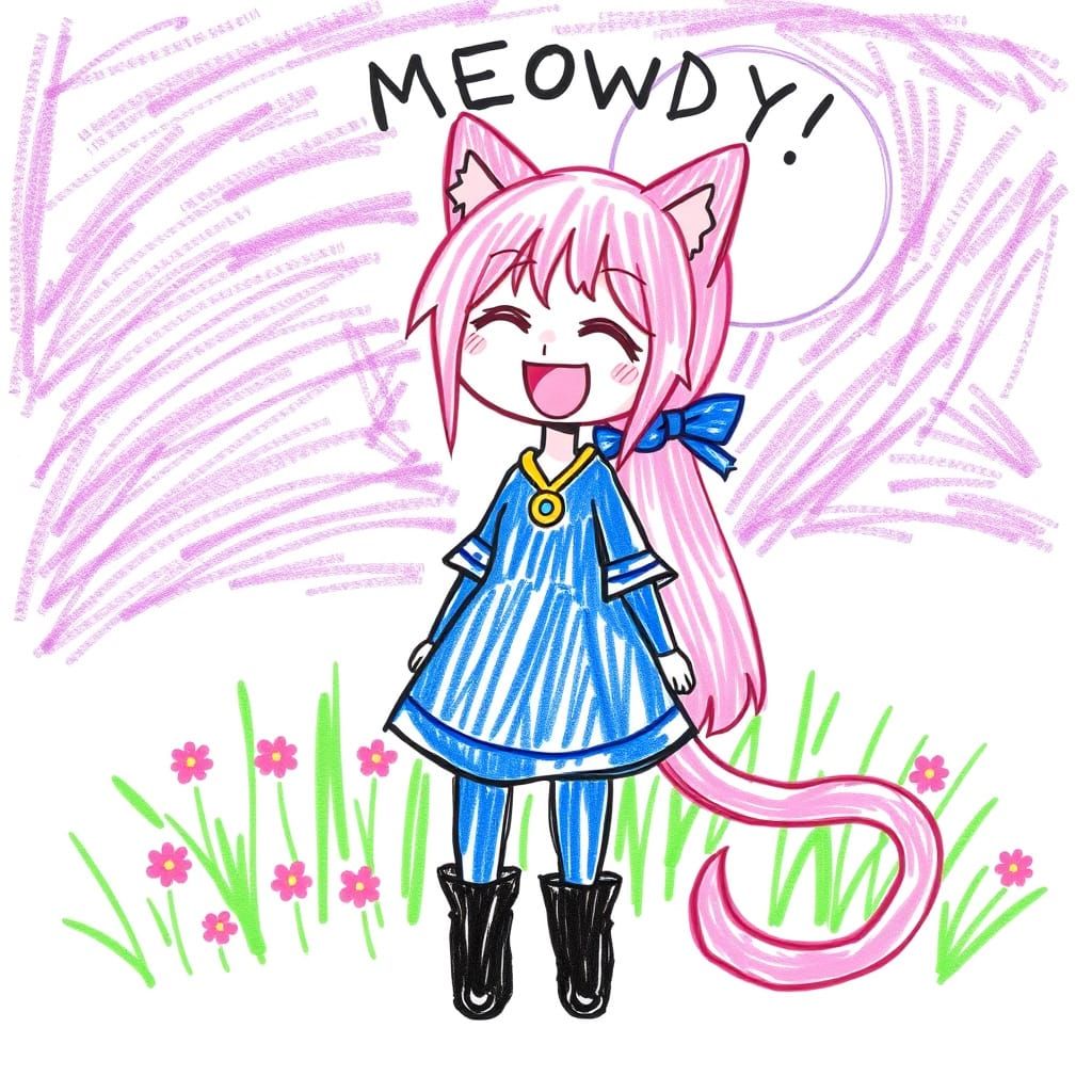 Cute Anime Catgirl Crayon Drawing