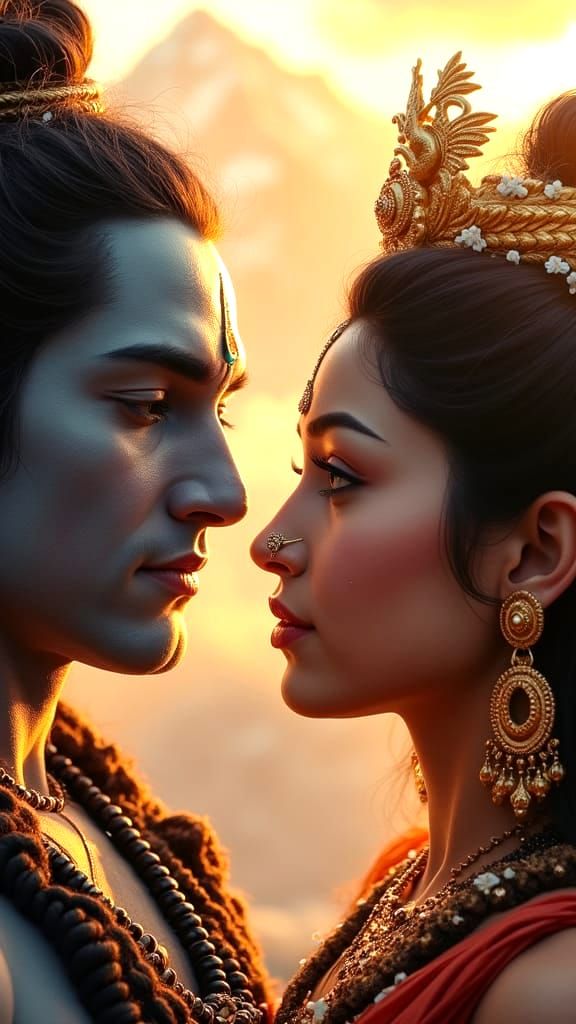 Lord Shiva and Goddess Parvati in Intimate Himalayan Sunset ...