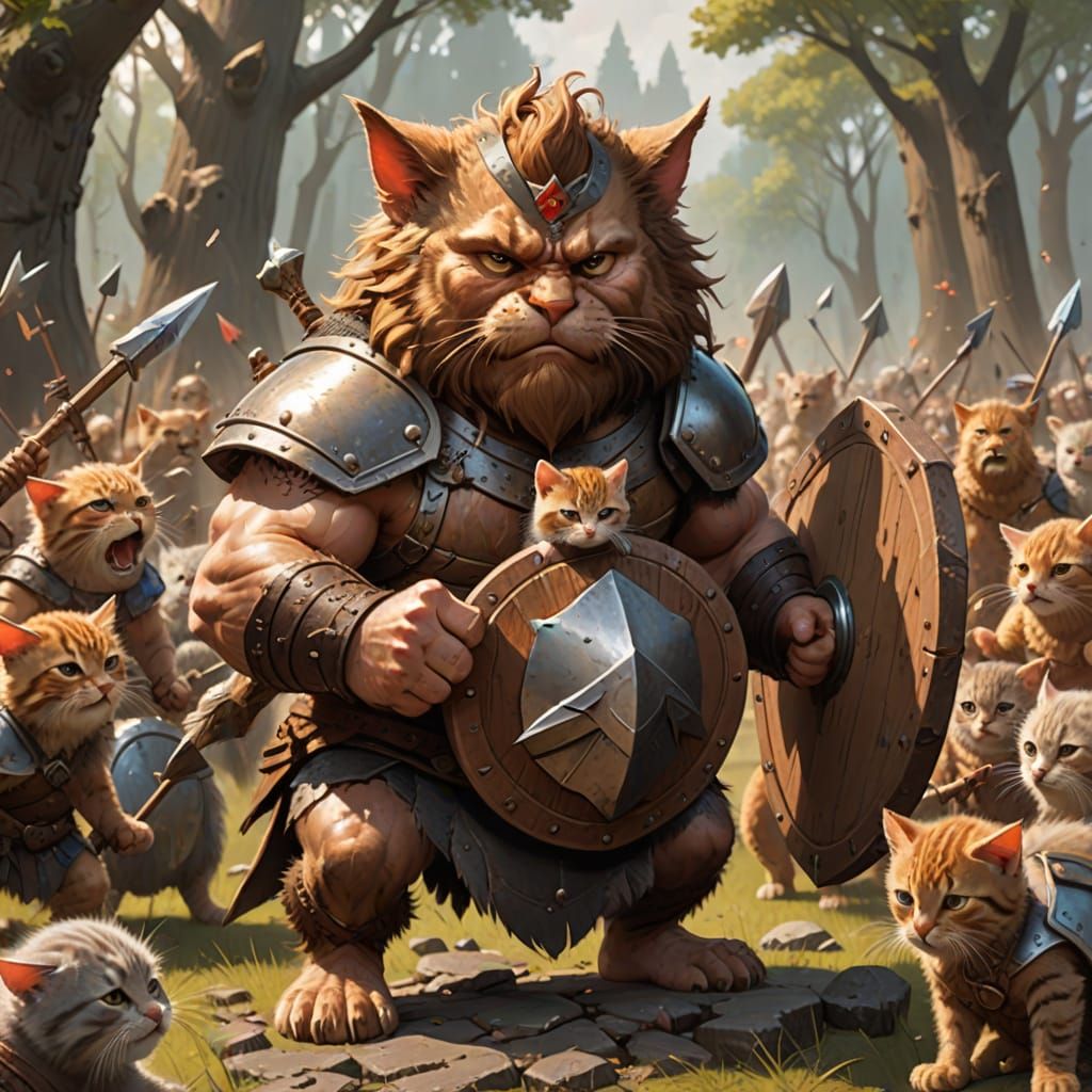 Heroic Barbarian Shields Innocent Kitten from Savage Arrows