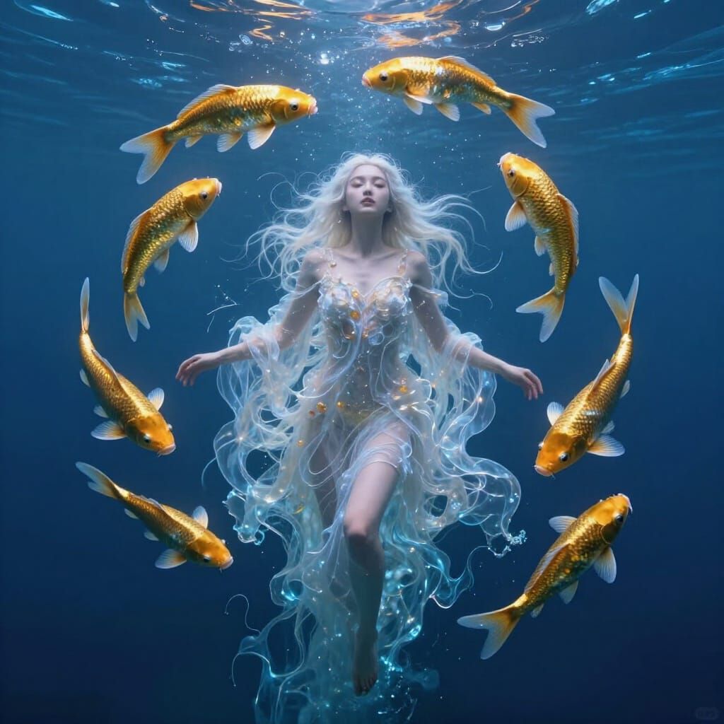 Ethereal Woman Rises From Ocean Amidst Golden Koi