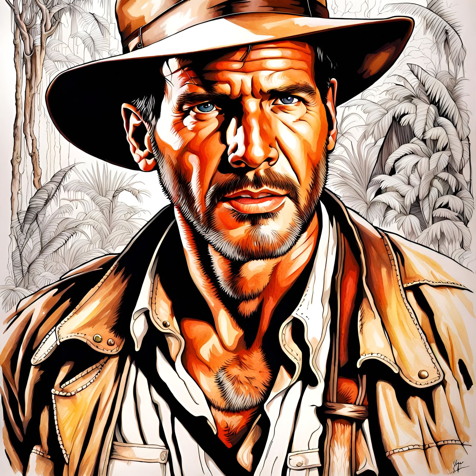 Detailed Ink Drawing of Indiana Jones