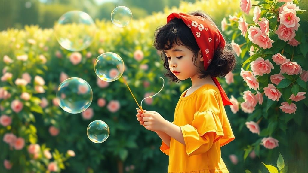 Whimsical Garden Scene in Vibrant Colors