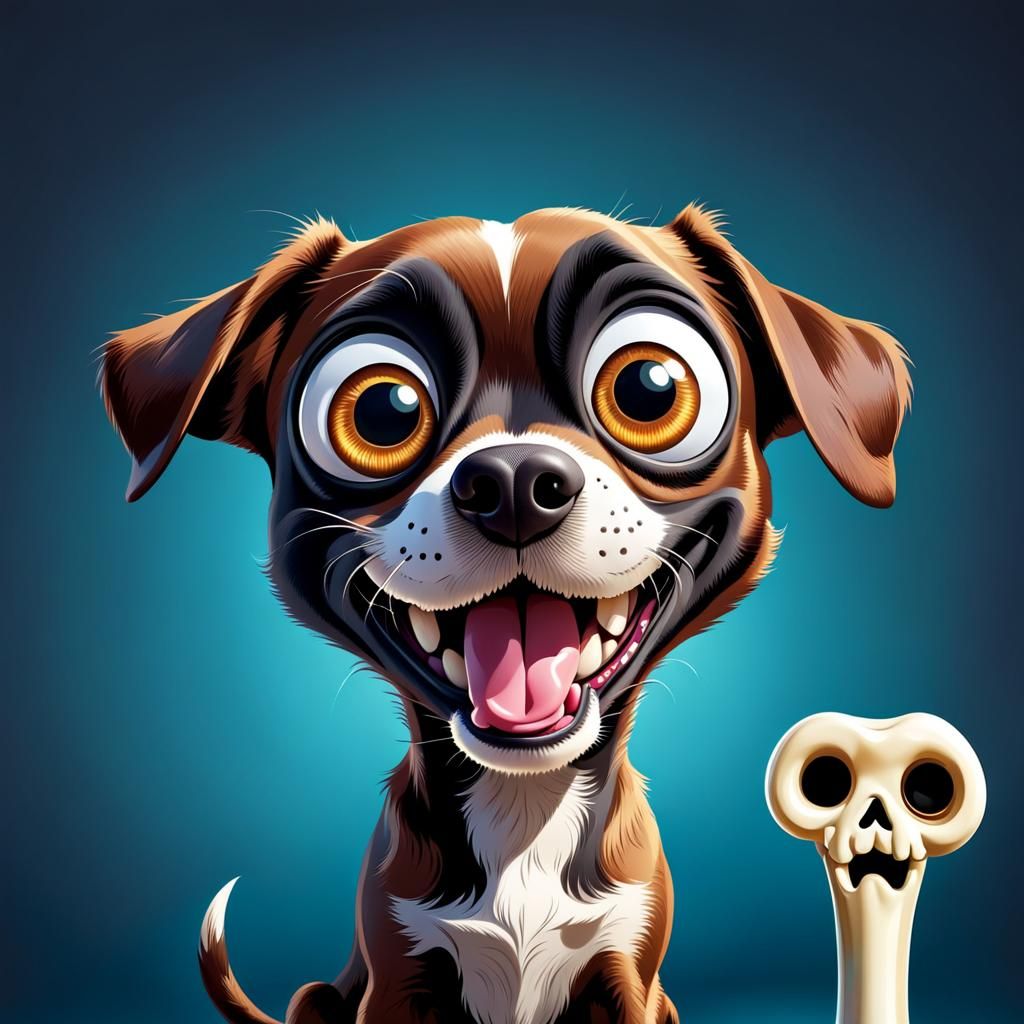 Cartoon Dog with Big Googly Eyes and Bone