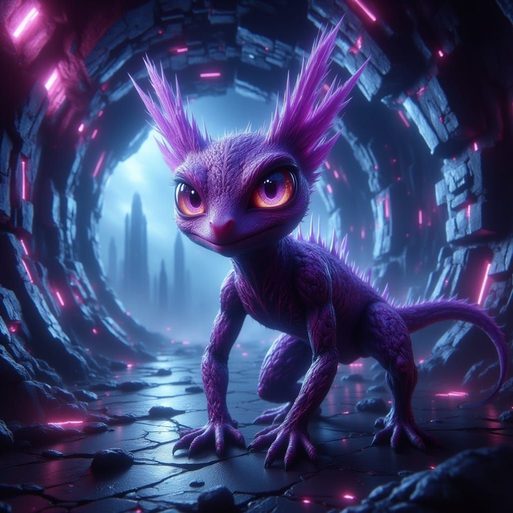 Lizard in Purple Jumpsuit Climbs Spaceship Corridor