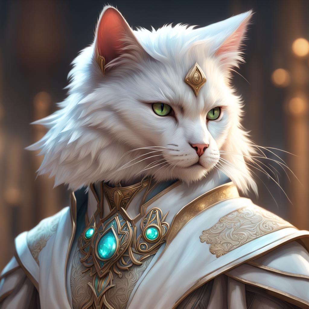 White Fur Cat Cleric Portrait in 8k