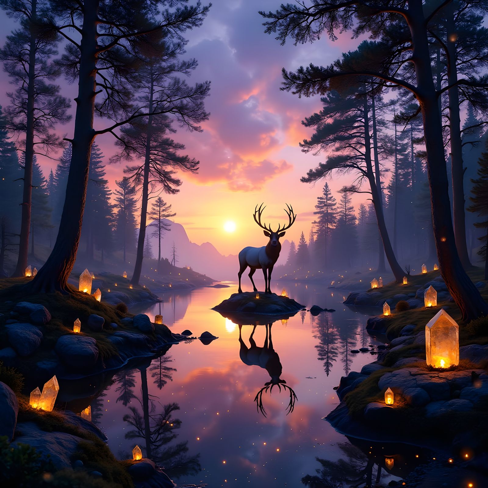 Surreal Sunset Scene in a Crystal Forest with a Majestic Sta...