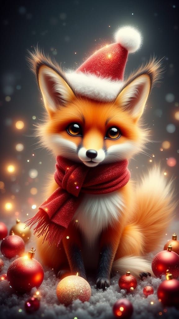 Cute Illustrated Fox in Santa Hat with Glittery Scarf