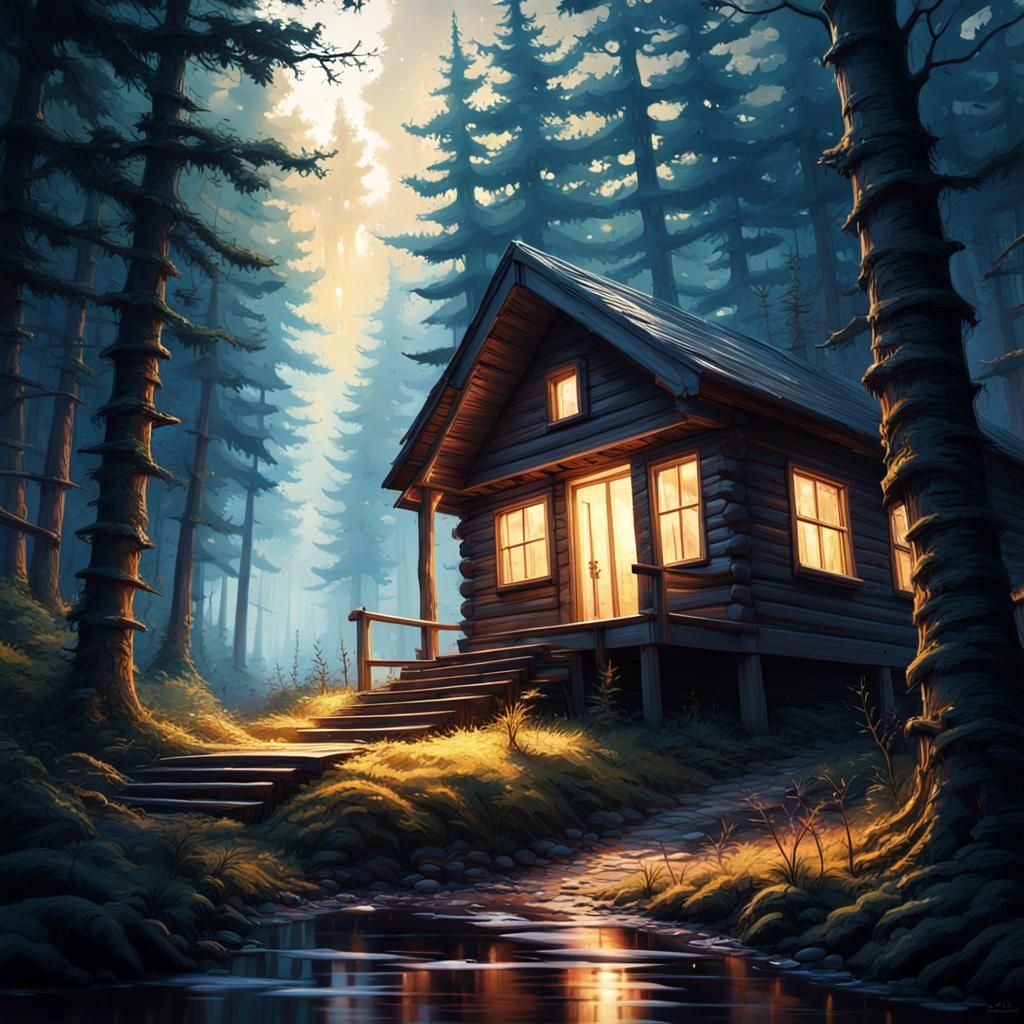 Mysterious Cabin in Dark Forest: Hyperrealistic Concept Art