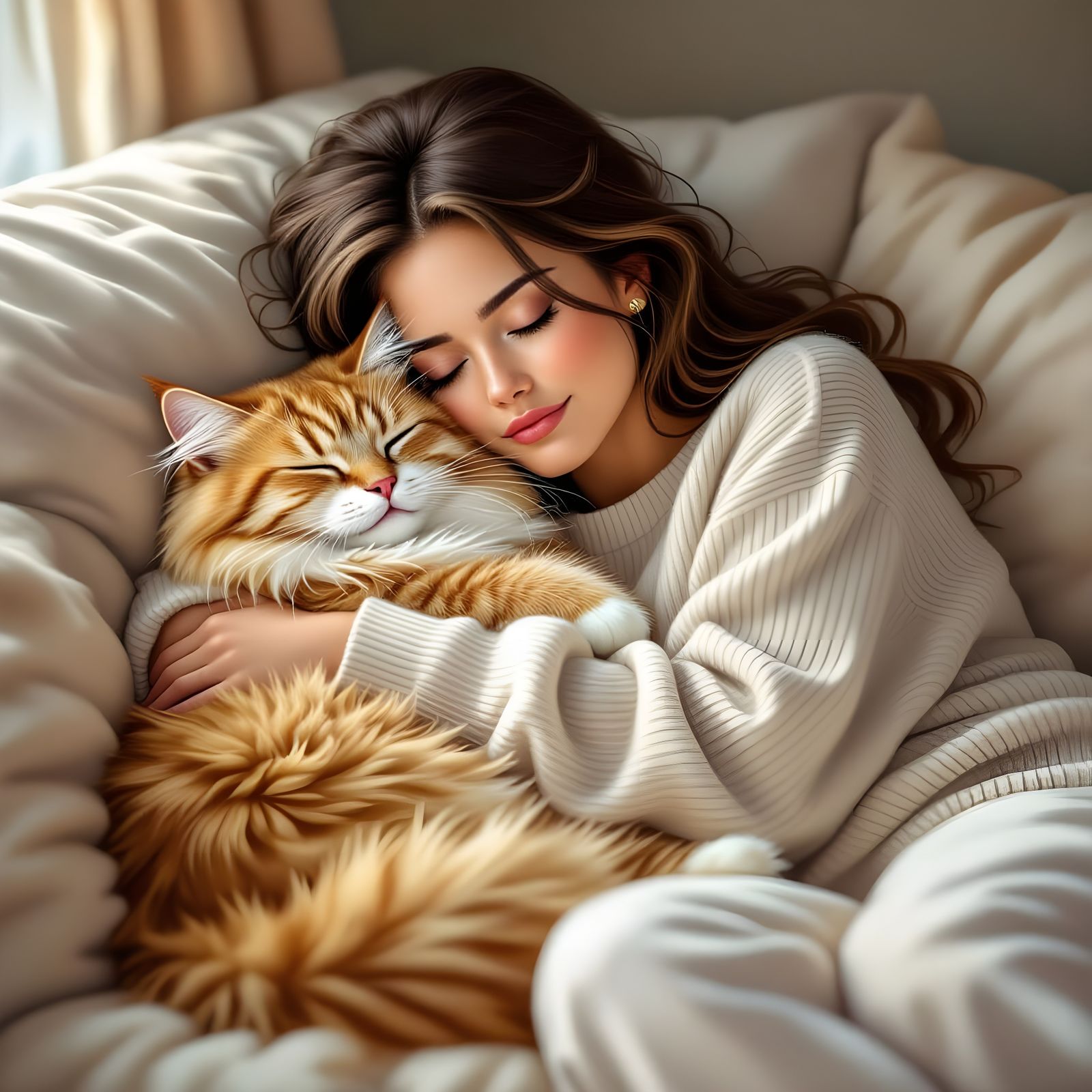 Woman Napping with Cat: Hyperrealistic Portrait
