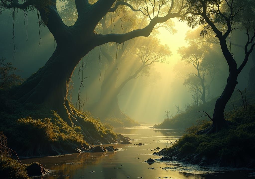 Eerie Jungle Swamp in Mist: A Dark Fantasy Landscape