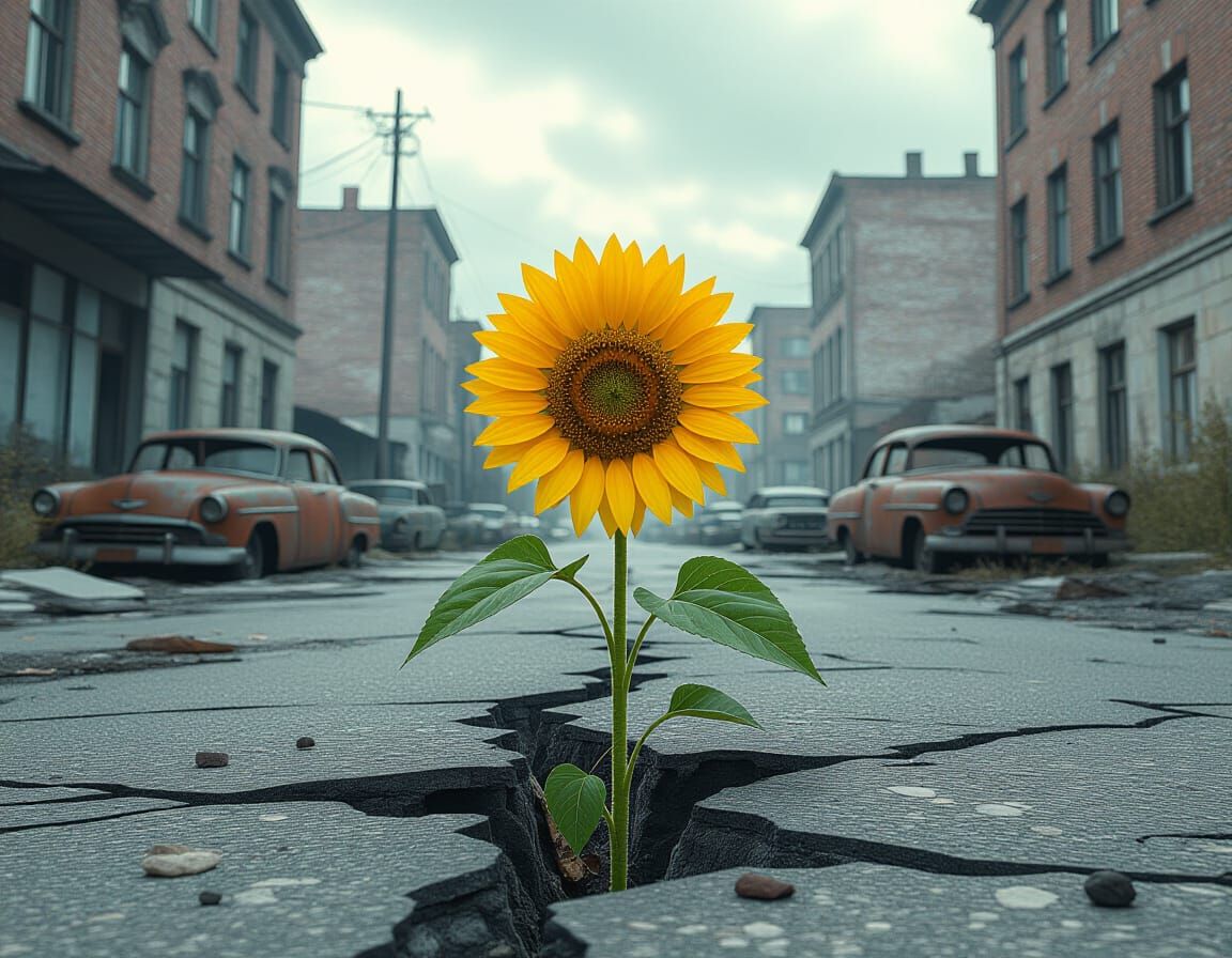 Sunflower Blooms in Decaying Cityscape