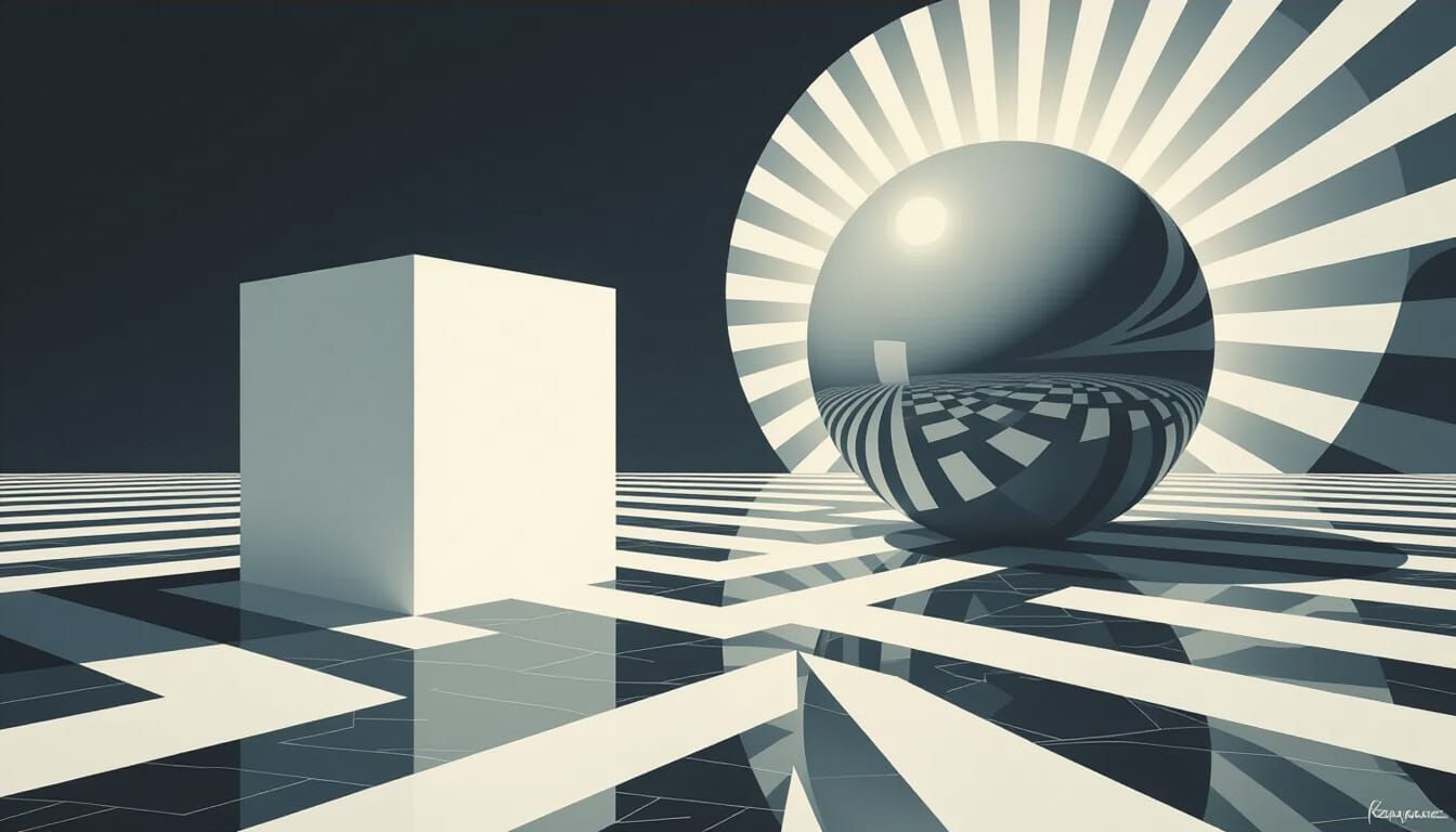 Geometric Square Meets Glowing Sphere in Surreal Void