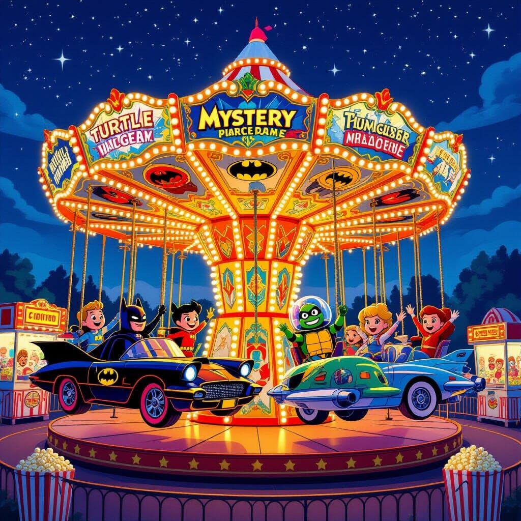 Animated Carousel with Pop Culture Vehicles at Night