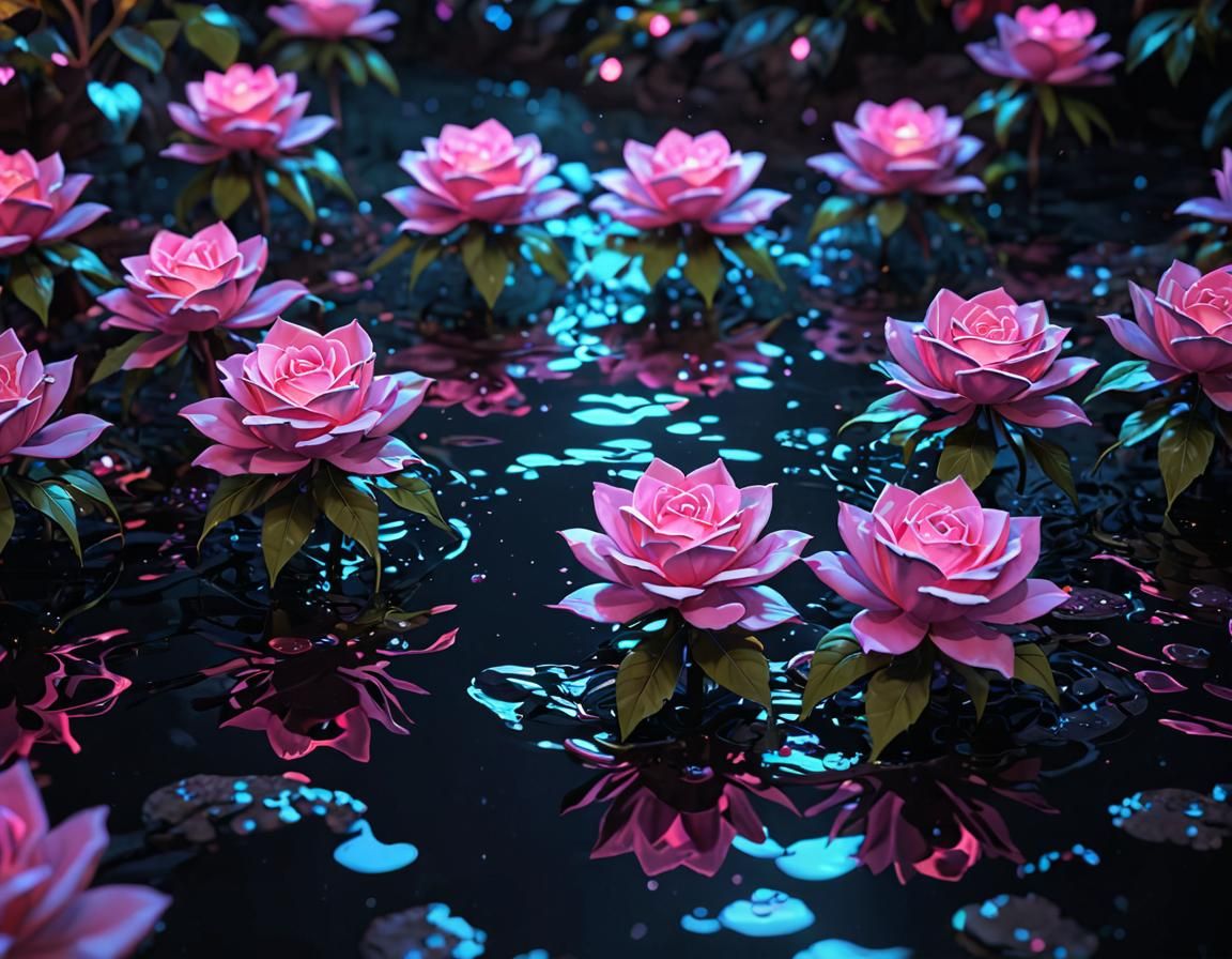 Neon Anime Flowing Water with Bokeh Roses
